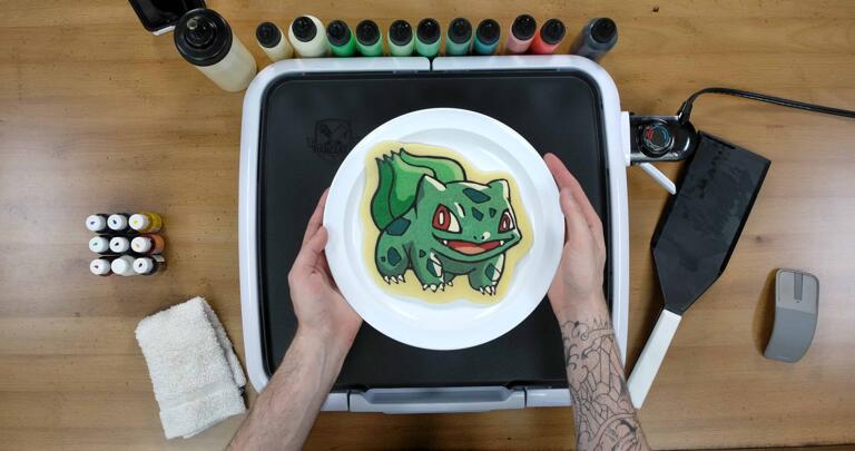 Bulbasaur pancake art step 10: You're all done! Who is that pokemon? It's Bulbasaur!