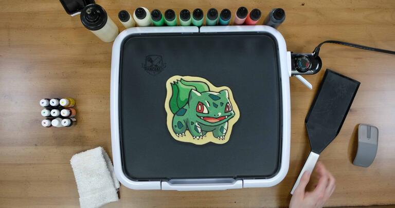 Bulbasaur pancake art step 9.3: ...And voila! The pancake is flipped. Allow it to cook for a little while on the back side, and then remember to turn off your griddle.