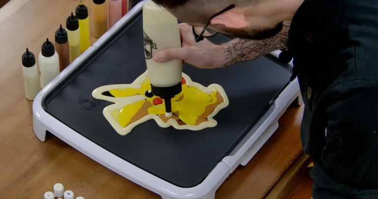 Pikachu Pancake Art step 7.2: Make sure that you fill in those gaps between Pikachu's back and tail!