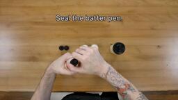 An image of the artist sealing the batter pen by screwing the tip and cap into place firmly. The image reads "Seal the batter pen."