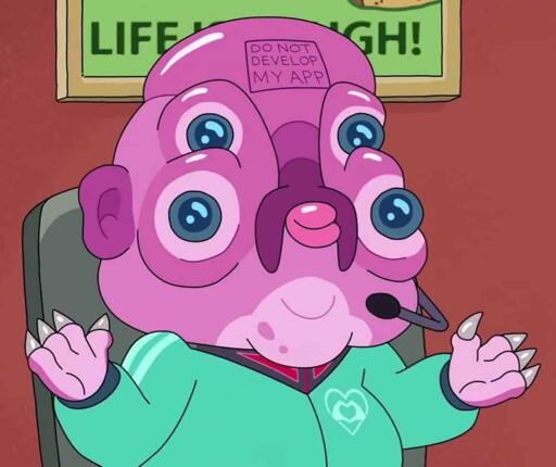 The character 'glootie' from season 4 of Rick and Morty. Glootie is pink and purple with 4 blue eyes and a teal jumpsuit, and in the middle of their forehead has a stamp that reads in all capital letters 