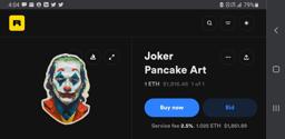 A screenshot of the token page for the world's first pancake art NFT Joker Pancake Art, showing the initial price of 1 ethereum token on the website Rarible
